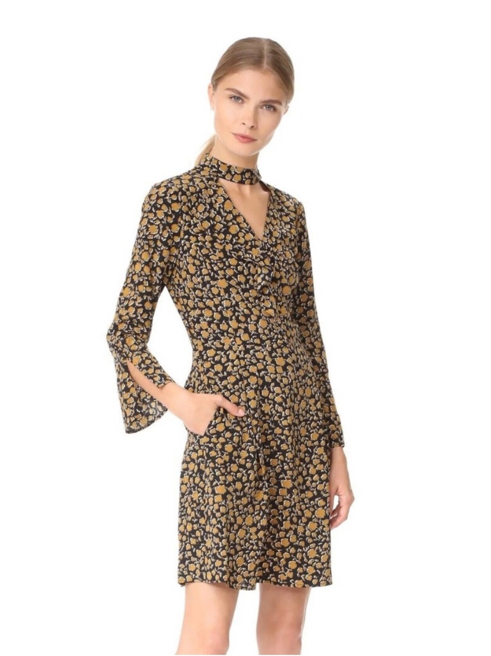 10 Crosby Derek Lam Black Mini Dress with Mustard Floral Print and Choker